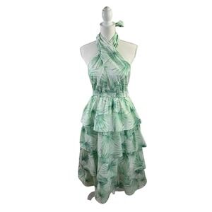NWT Sewing Down South Crown & Ivy Green Palm 100% Cot Tiered Halter Dress Size M